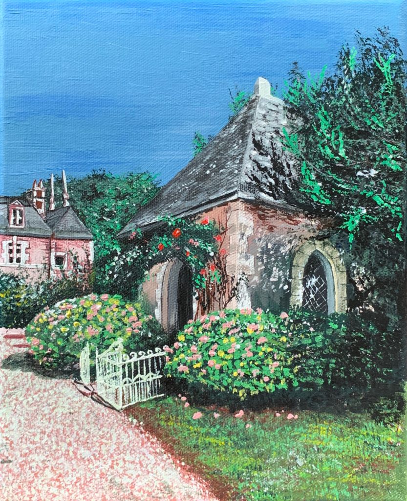 A hand drawn acrylic paint color painting of a chapel next to a chateau in the countryside of France
